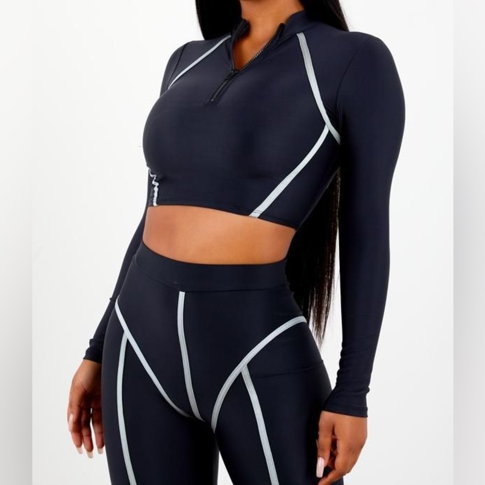 NWT SET Sorella Black Thick Piping Top and Leggings Bodycon Grey Contrast